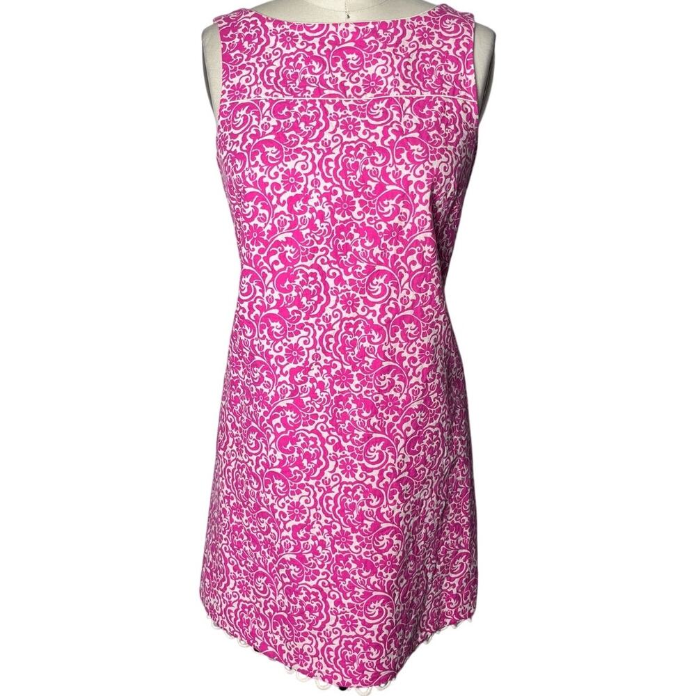 Lilly Pulitzer Pink White Scroll Shift Dress with Loop Trim Hem Size 4